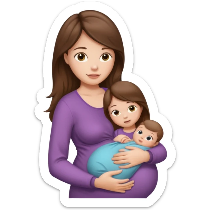 "Pregnant woman sitting with long brown hair and fair skin, holding a baby with short brown hair and fair skin." sticker