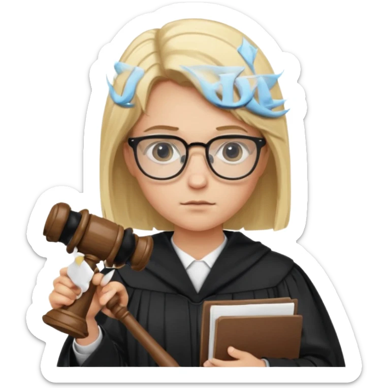 Young judge, blonde hair with glasses and robe, hold a paper and gavel sticker