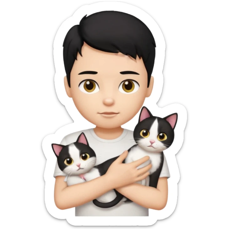 generate a pretty bratz emoji of a boy with black hair wearing a white tshirt and holding a cat in his right hand sticker