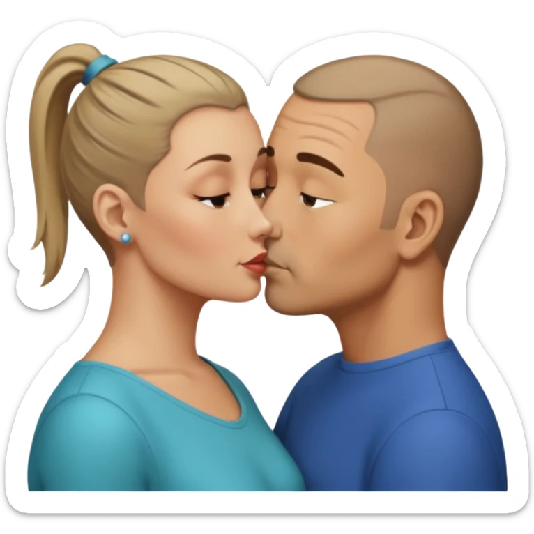 Mid aged buzzed man kissing mid aged dark blonde white woman. She’s wearing a ponytail  sticker