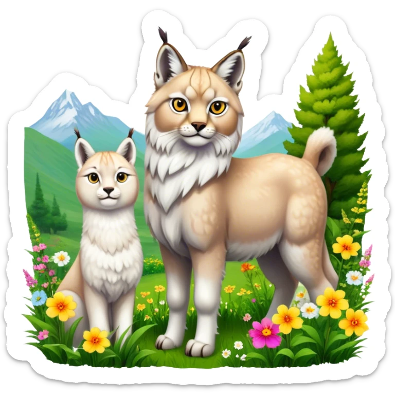 Collage of exotic animals: a lynx with striking eyes, and a fluffy alpaca standing in a lush meadow. The lynx gazes intently while the alpaca looks calm and curious. Surrounded by vibrant plants and flowers. Transparent background for a lively, colorful scene. sticker