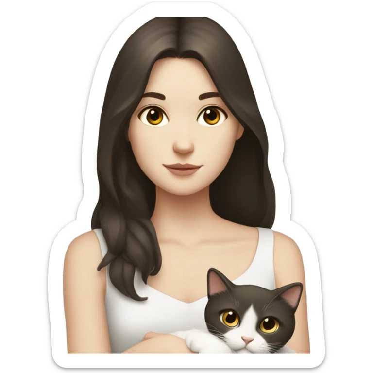 A pale girl with dark brown hair and dark brown eyes holds a white cat and look at the cat sticker