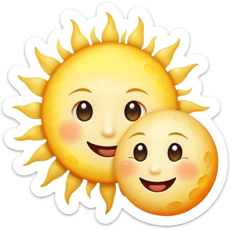 a really bright  big sun and a small moon who shines because of it. the sun is bigger and the tiny \moon bright too beside it smiling sticker