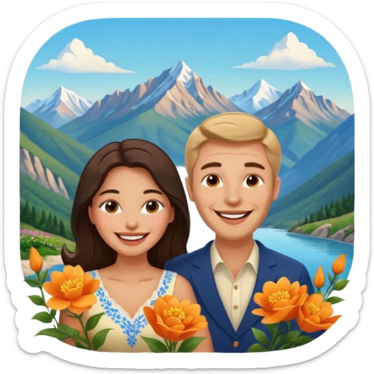 Couple  laughing traveling russian man and elegant  Latina girl delicate flowers and mountains in the background  sticker