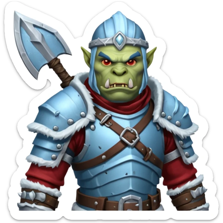 
Fantasy Christmas orc legion soldier icon, iron tundra army theme, heavy winter armor, disciplined brutal look, icy blue steel armor with deep crimson accents, frozen metal texture, cold winter atmosphere, male variant sticker