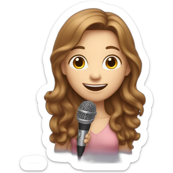 Caucasian girl with long Brown hair holding a michophone singing happy sticker