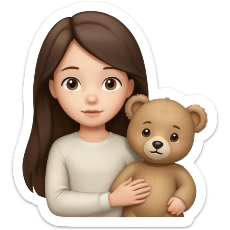 Brunette little girl, long hair, white long sleeve, with beige bear sticker
