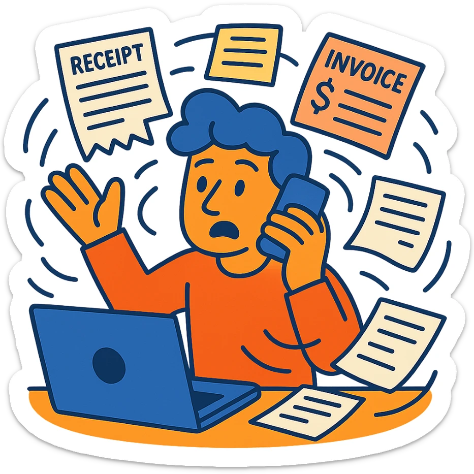 person holding a phone in one hand, laptop open in front, storm of receipts, invoices, and reminders swirling around, multitasking chaos sticker