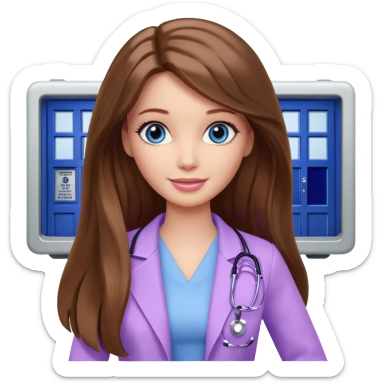 beautiful barbie girl with long brown hair, blue eyes and wearing light purple clothes watching dr who on tv sticker