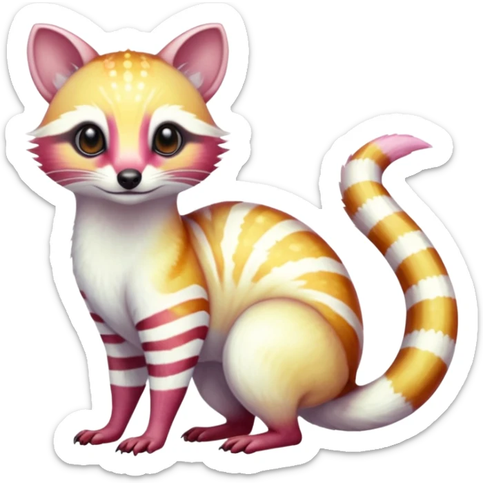 Iridescent white albino colorful fruity blingy crystalline Genet-Numbat-Marsupial-Ferret-Ocelot-Tanuki-Ocicat-hybrid-fusion, full body sticker