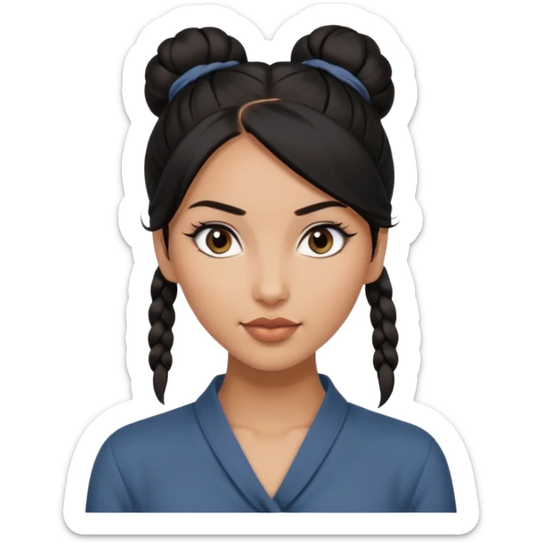 A woman in tan skin, black hair shoulder length tied in half bun, beautiful eyes and flirty gaze with masculine fashion sticker