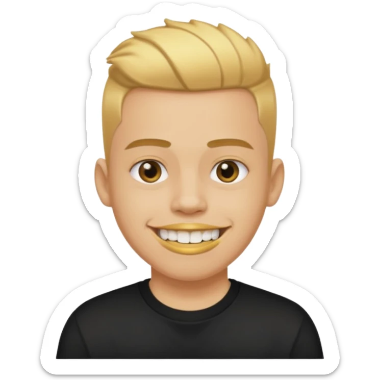 lightskinned person with a taper fade haircut and golden teeth wearing a black tshirt with a white background sticker