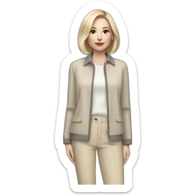 Full height pale skin woman with ash blonde Straightened bob Hair, White Spacious jacket, beige Arrow pants and gray blouse holding a color palette in the hands sticker