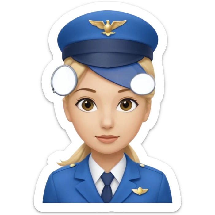 Create an emoji of a female flight attendant with blonde hair tied up, wearing a blue flight attendant hat and a blue flight attendant uniform. sticker