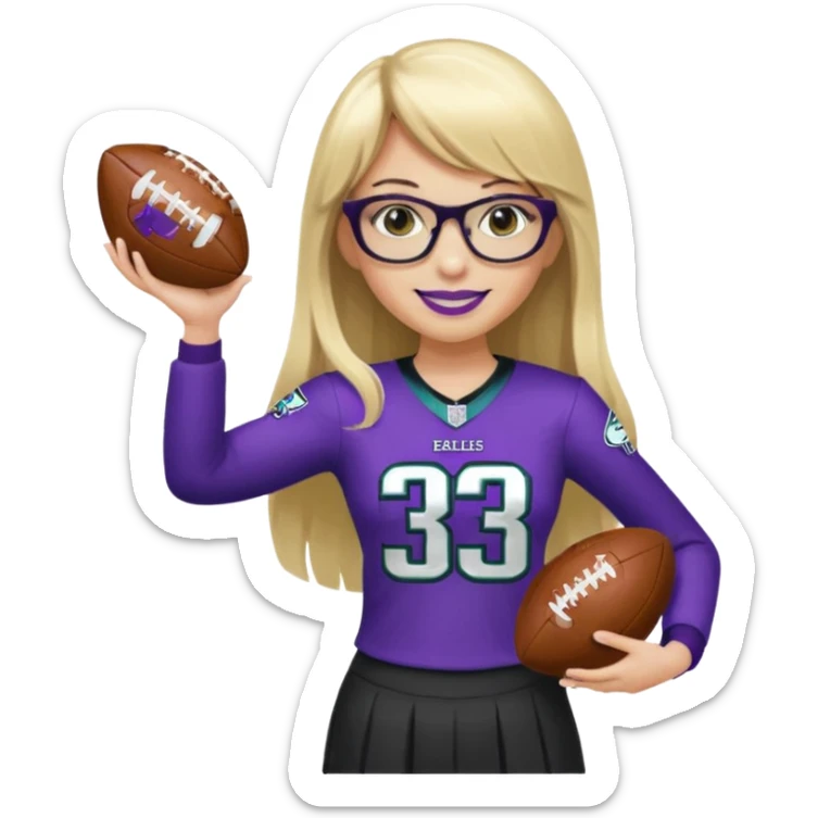 full length women wearing eagles uniform, long blonde hair, straight bangs, black glasses, holding football, number 33, smiling, purple lipstick sticker