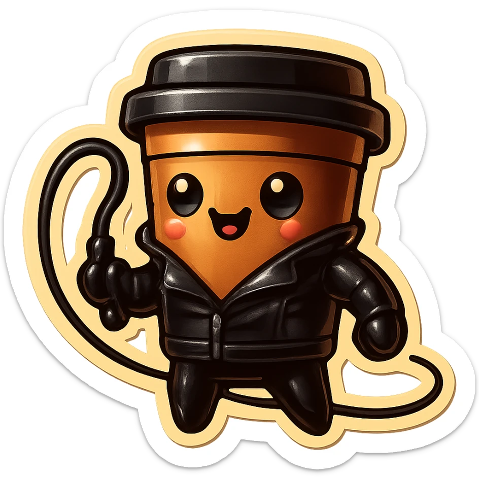Tall coffee cup, dressed in leather holding a whip sticker
