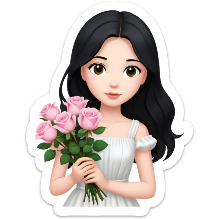 A beautiful girl with long black hair and a white dress is holding a bouquet of pink roses sticker