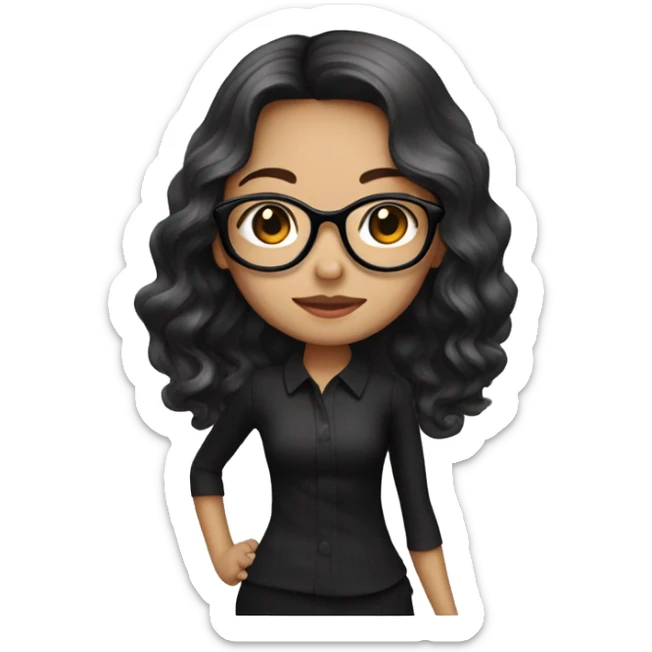 Singaporean girl long wavy hair with vintage glasses black outfit sticker