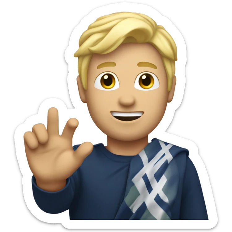 Male with blonde hair waving hand to say hello with a Scotland sticker