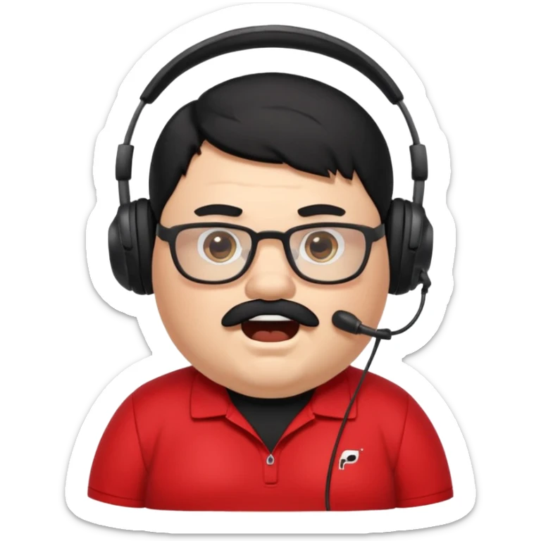 "A cartoon-style emote of a chubby streamer with black hair, mustache, and glasses, wearing a headset and a black Puma shirt. He has a shocked facial expression with wide eyes and an open mouth.

 sticker