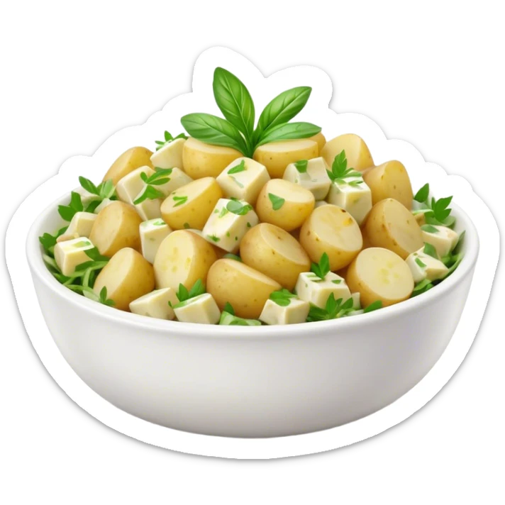 Cinematic Realistic Kartoffelsalat Dish Emoji, showcasing a traditional potato salad with fresh herbs and tangy dressing rendered with lifelike detail and vibrant, natural lighting. sticker