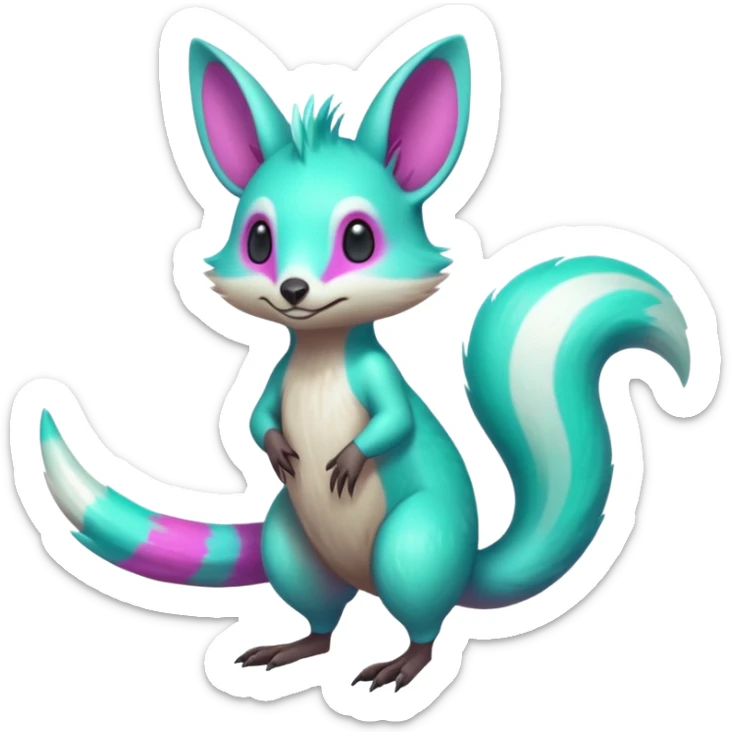 Iridescent Neon Green-Cyan-Magenta- Minccino-Emolga-Numbat-Sergal-fusion-hybrid-animal-creature, full body sticker