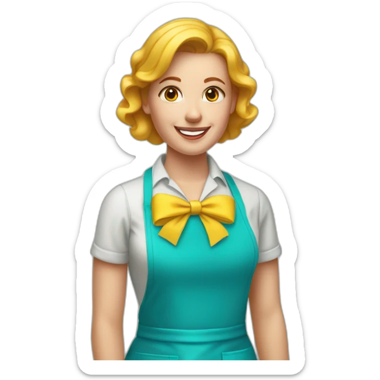 blonde woman with a red hair bow tie wearing a cyan colored apron and a yellow t-shirt sticker