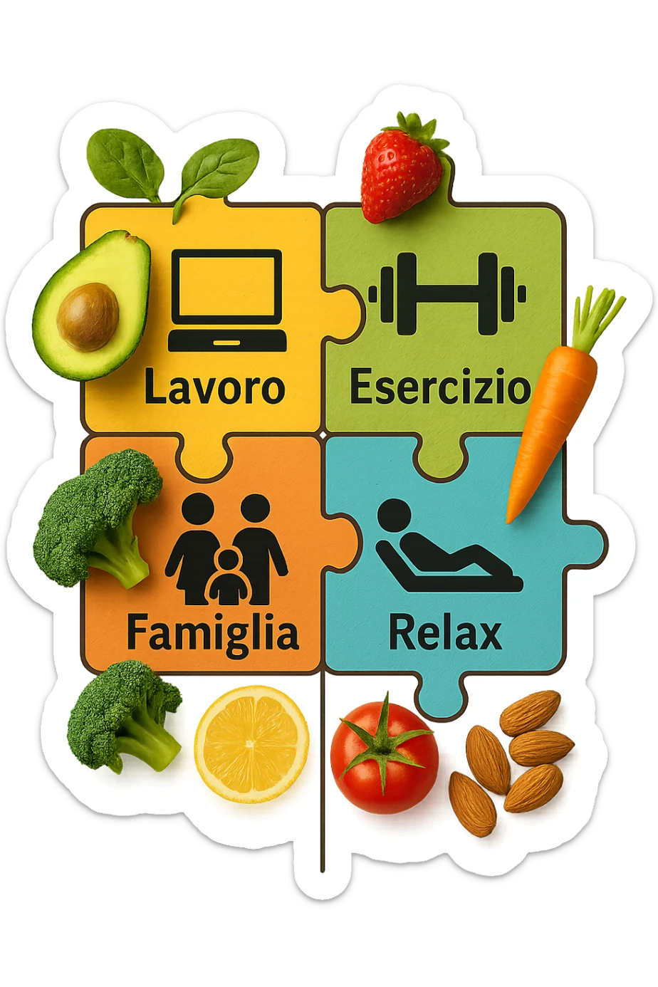 Puzzle (Lavoro, Esercizio, Famiglia, Relax), in lavoro metti icona di un PC, in Esercizio un Manubrio, in Famiglia una famiglia, in Relax qualcuno che riposa and healthy foods are integrated into each piece. in italiano sticker