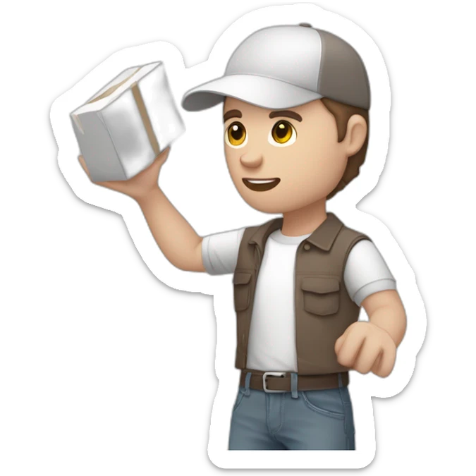 Pale skinned fit Man with dark brown hair in a light gray cap, dark brown jeans, brown polo and white T-shirt keeping a pasted with tape white box into his hands sticker