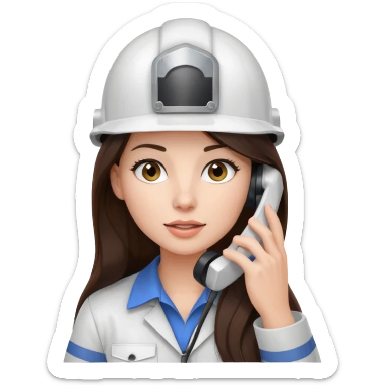 okay now do a brunette girl with long dark brown hair. rolling her eyes like she is annoyed as she is on a phone call (iphone) and is wearing a engineer helmet  sticker