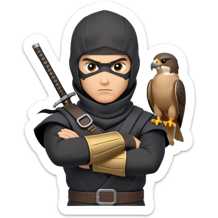 clash-of-clans-aesthetic_-cinematic-mysterious-male-ninja-portrait-emoji, rendered in a flat, vector-style with minimal shading and bold, simplified shapes, with a head slightly turned revealing intense, focused eyes. the ninja has his arm out and perched on top of his forarm is  a peregrin falcon  sticker