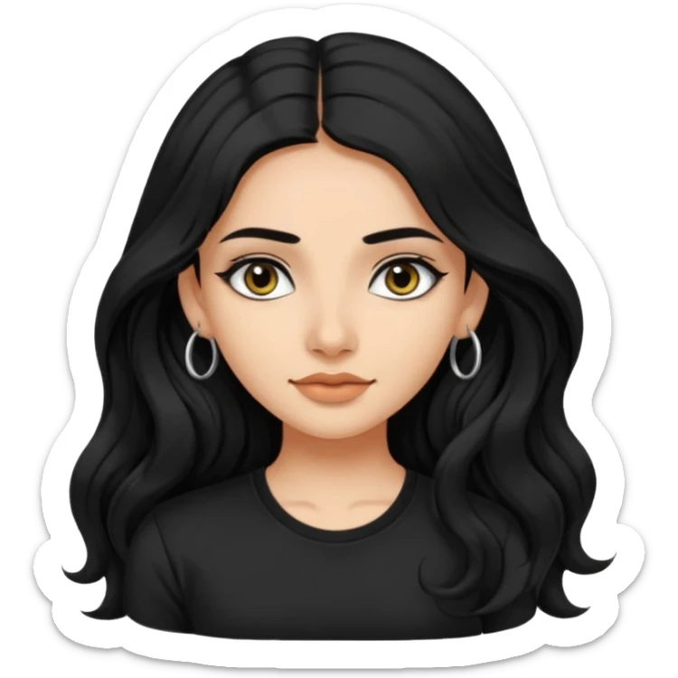 a pretty FAIR indian bratz girl with wavy long black hair, wearing a black tshirt, eyeliner on. no earrings sticker