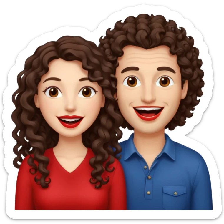 two people. one woman with long curly dark brown hair. one man with brown hair that goes up. they are laughing sticker