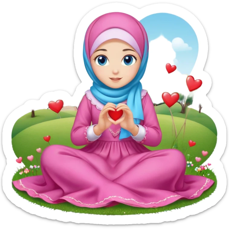 Turkish beautiful finish Konya girl blue eyes with candy hijab long tail dress and sits on the grass on the ground and sends hearts with her hand  sticker