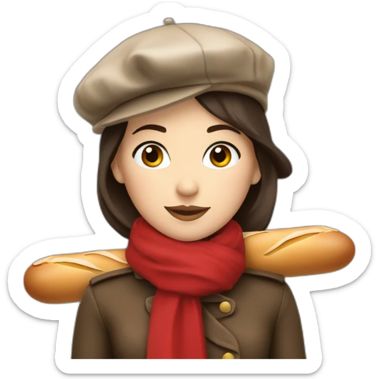 a french brunette girl with a beret, a red scarf and a baguette. sticker