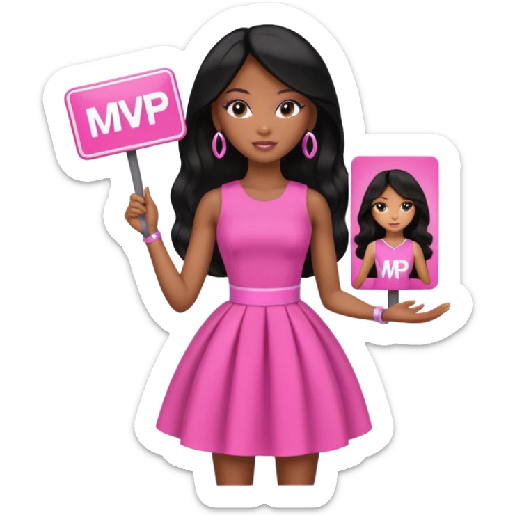 Black barbie, long black  hair, pink dress holding mvp sign  sticker