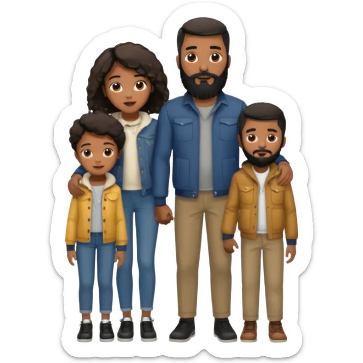 A loving black family of 4, with a father with a full beard, a son and daughter, all dressed in urban chic clothing sticker