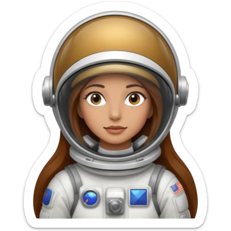 woman with long brown hair and brown eyes.  space ship captain with white military hat sticker
