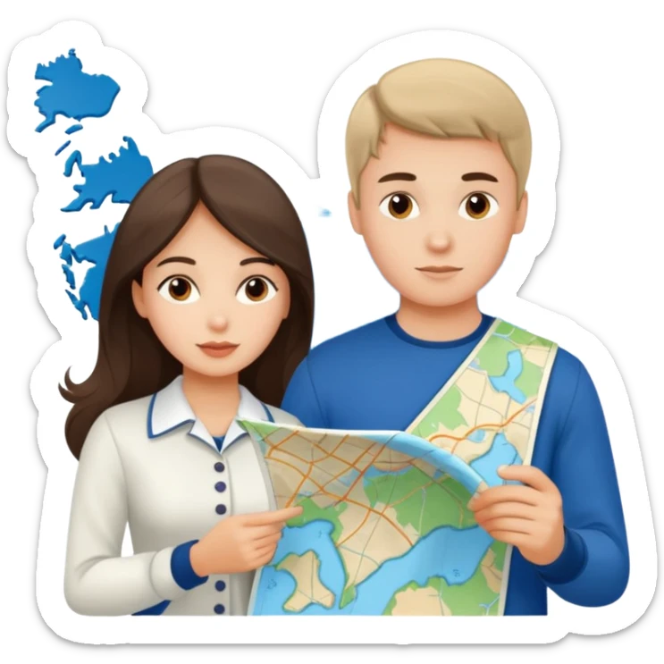 Russian young man and elegant fair-skinned Latina girl in cute costal outfits with a map planning  sticker