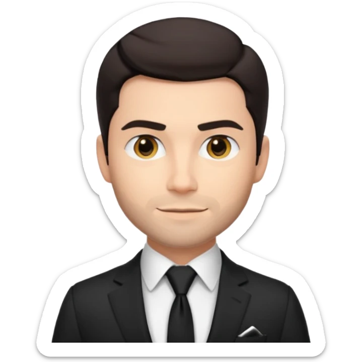 handsome male memoji, dark hair, stubble, wearing a tailored black suit and tie, luxury watch, confident smirk, charismatic aura sticker