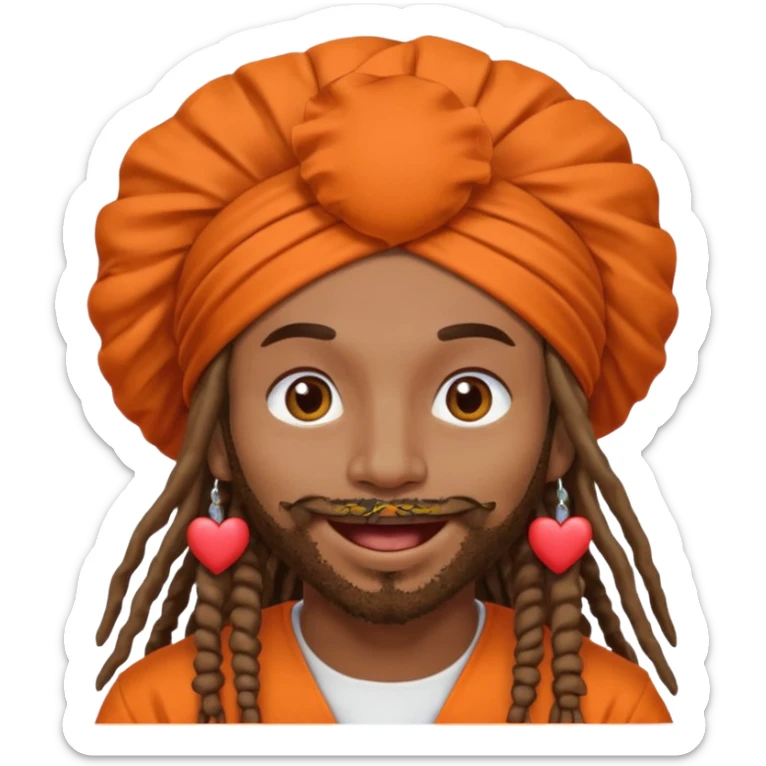 Brownskin man with long dreadlocks orange shirt add white ruffled turban with hearts in both eyes mouth open  sticker