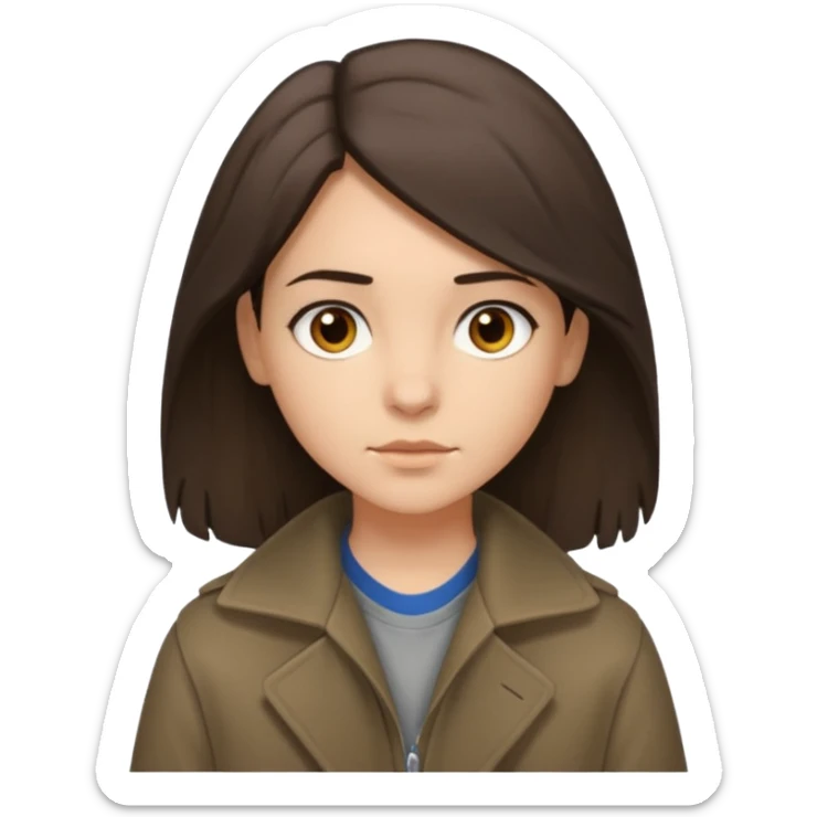 Hobo tomboy with shoulder-length dark brown hair that is parted in the middle. brown eyes, dark dull brown coat, grey shirt. sticker