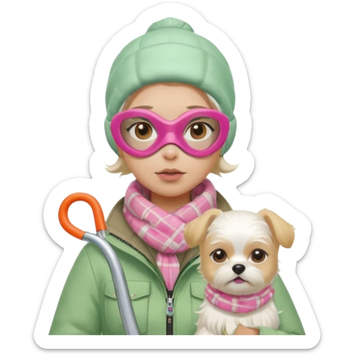 female character in cozy winter outfit, soft pastel green jacket, beige plaid scarf, snorkel mask with pink detailing, holding cute white Maltese dog, angry expression, bright and clear, Apple emoji style sticker