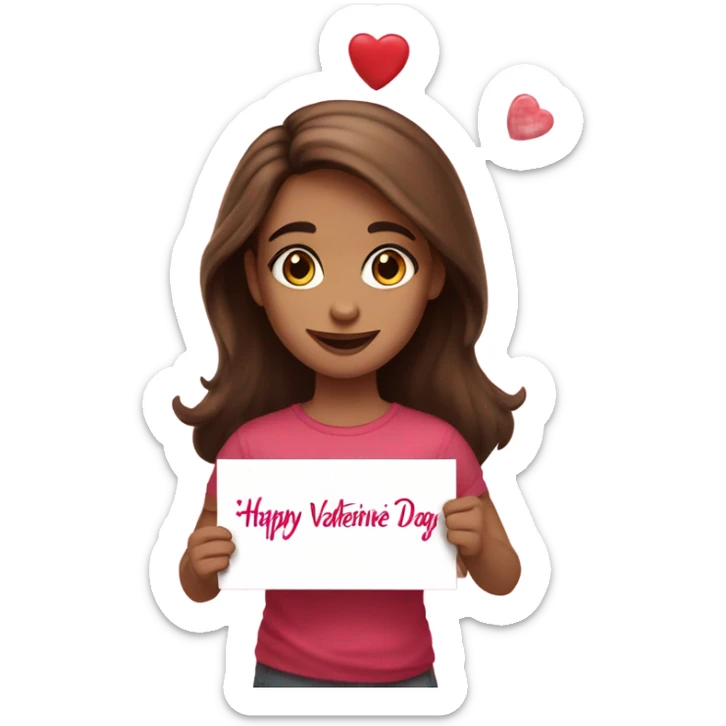 Girl with brown hair and eyes holding a sign that says Happy valentine day sign  sticker