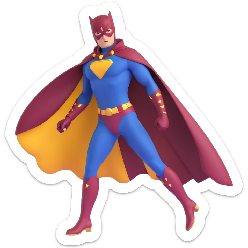 superhero in dark blue and maroon bodysuit with gold accents, digital cape, maroon boots, dynamic stance sticker