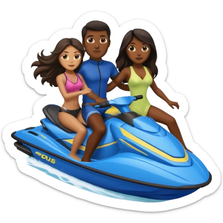 Dark male dark hair & light tan female long dark hair on a blue jet ski no sunglasses sticker