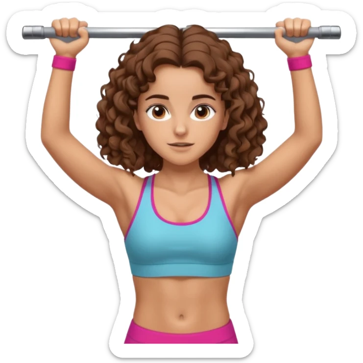 full body, very beautiful italian girl, looking like Emma Watson, with curly and big volume very bright brown hair, workout clothes doing a pullup

 sticker
