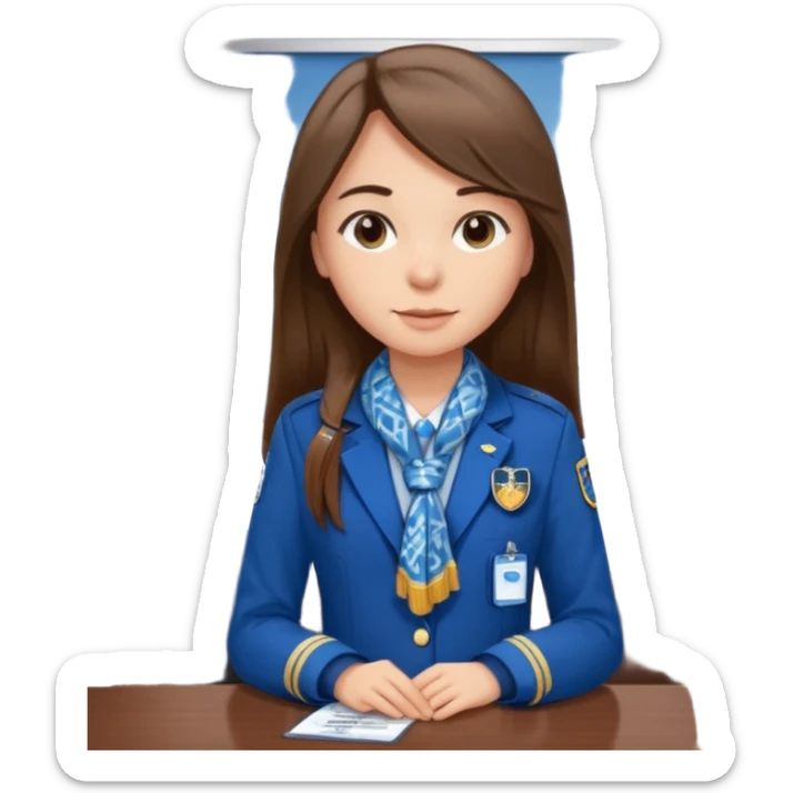 Young girl, long straight hair, wearing uniform jacket with hotel name badge, tasteful scarf, stand behind the desk

 sticker