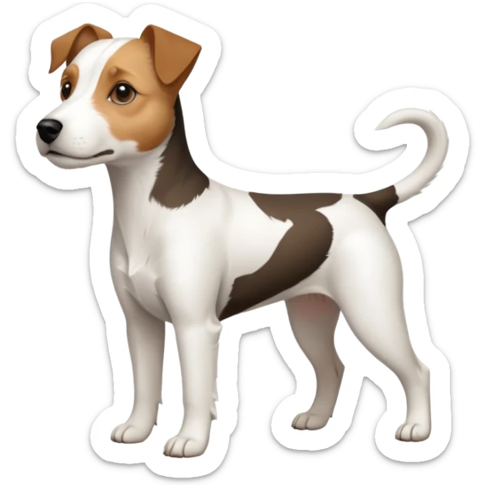 a full body white parson russell looking dog the size of a kelpie with light brown ears and a light brown patch on one eye and a large snout sticker