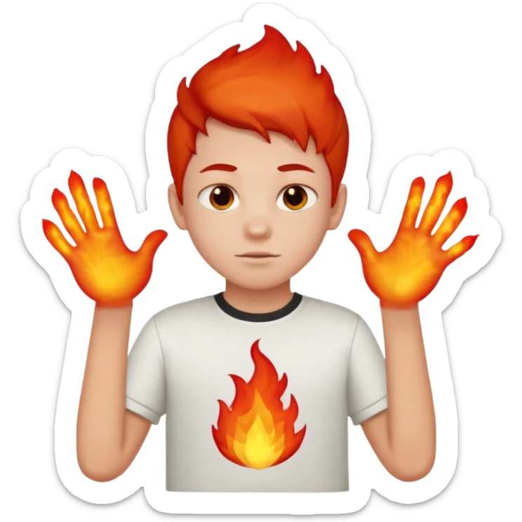 A boy with no hands fire instead made out of red fire and the boy is wearing a shirt that says FIRE C sticker